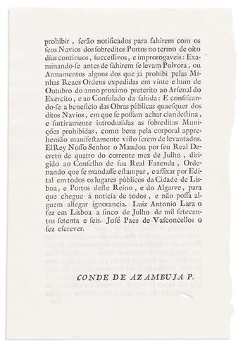 King José I of Portugal. 1776 decree announcing the Portuguese boycott of the American colonies; with another document